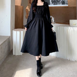 Kukombo Vintage Black Dress Women French Elegant Square Collar Long Sleeve Midi Dress 2022 Autumn Ladies Retro Clothes Chic Korean