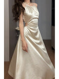 Kukombo New Satin Vintage Summer Party Dress Women Casual A-Line Solid Elegant Prom Vestidos Female Fashion Slim Halter Robe Clothes
