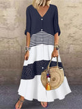 Kukombo Summer New Women's Skirt Fashion Temperament V-Neck Short Sleeve Printed Stripe Polka Dot Stitching Long Button Casual Dress