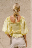 Kukombo Summer Women Blouse Yellow Half Sleeves Sashes Cotton Casual Square Collar Ruffles Cute Elastic Ladies Shirt