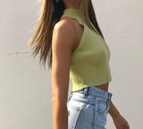Kukombo Vintage High Neck Ribbed Knitted Tank Tops Female Summer Casual White Solid Stretch Crop Top for Women Clothing 2022 NEW