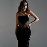 Cyber Monday Sales Summer Splicing Lace Split Bodycon Camisole Black Prom Dress Backless Maxi Birthday Dresses For Women Party Club Vestido Mujer