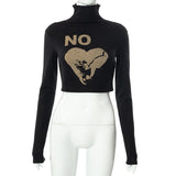 Kukombo Pattern Print Turtleneck Y2K Cropped Tee Women Long Sleeve Fashion Streetwear Top Women Slim Black Casual Autumn 2022
