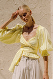 Kukombo Summer Women Blouse Yellow Half Sleeves Sashes Cotton Casual Square Collar Ruffles Cute Elastic Ladies Shirt