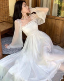 Kukombo  Elegant Maxi Dresses For Women White Off Shoulder Puff Long Sleeve Elastic High Waist Party Gown Ruffle Holiday Dress