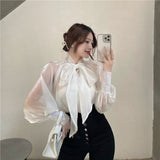 Kukombo Back to school outfit Women Shirts Spring Autumn French Temperament Female Bow-Tie Shiny Feeling Slightly Transparent Loose Blouse