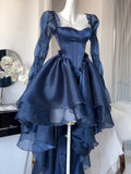 Kukombo Summer Elegant Midi Blue Dress For Women New Vintage Chic Ruffle Casual Fashion Vestidos Female Solid Party Prom Robe Clothes