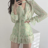 Kukombo  Korean Chic Spring French V-Neck Halter Lace-Up Dress Smudge Print Waist-Show Pleated Hip Dress Short Dress