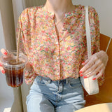 Kukombo Sweet Floral Chiffon Shirts Women New Print Long-Sleeved Blouse Woman Fashion Crewneck Button Down Tops Spring Summer