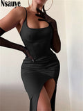 Kukombo Sexy Evening Party Fashion Strap Off Shoulder Midi Dress Satin Black Split Bodycon Dresses Women 2022 Autumn Winter