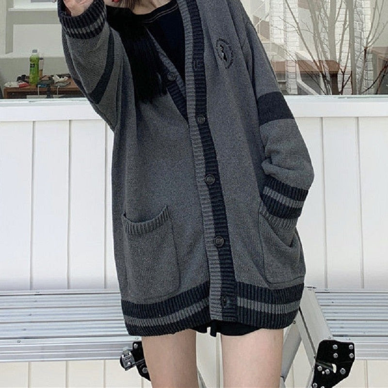 Thanksgiving Gift Korean Style Grey Solid Cardigan Sweater Women Preppy Fashion V-Neck Oversize Knitted Jumper Female Fall Streetwear Top