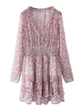 Graduation Gift Big Sale Spring Floral Print Pink Long Sleeve Women Boho Summer Dress Casual Tiered Chiffon V Neck Short Female Cute Fashion Retro Dress