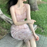 Kukombo 2022 Summer New Fashion French Romantic Elegant Dress Vintage Suspender A-Line Dress Korean Sexy Printed Chiffon Dress For Women K137