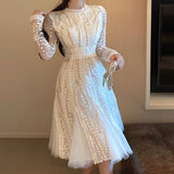 Kukombo Embroidery Lace Vintage Dress Women 2022 Long-Sleeve White Mesh Party Dresses Female High Waist Runway Design Vestido