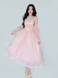 Kukombo Elegant Evening Party Midi Dress Women Bubble Sleeve French Vintage Sweet Dress Female Pink Korean Style Fairy Dress Autumn