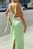 Kukombo Square Neck Ruffle Ribbon Backless Maxi Dress