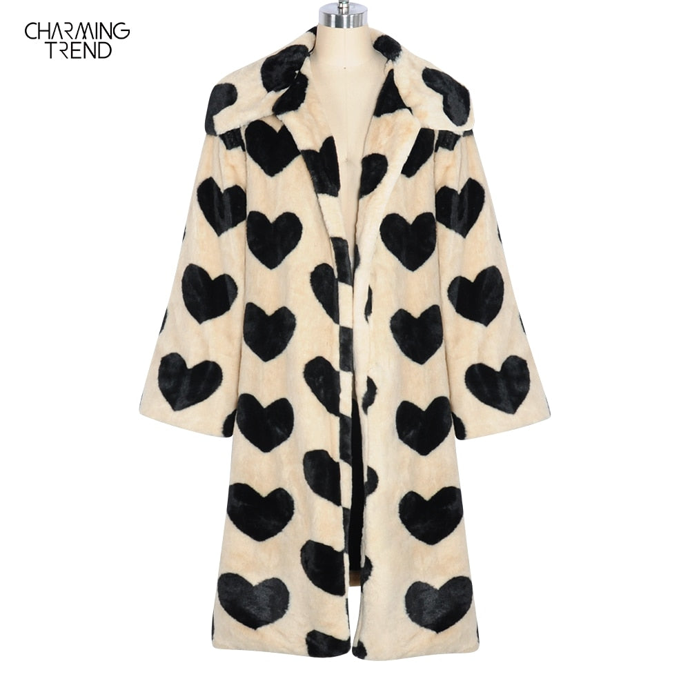 Kukombo 2023 Winter Women Warm Faux Fur Coat Love Pattern Women Long Coat Turn Down Collar Women Warm Plush Coat Classic Coat Loose