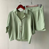 Kukombo Cotton Summer Sets Women 2022 Harajuru Green Short Sleeve Loose Shirt Elastc Waist Shorts Two Pics Pajamas