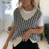 Christmas Gift Fashion Women‘s Knitted Vest Pullovers  Autumn Waistcoat Tops Sleeveless Loose Houndstooth Female Vintage Plaid Sweater Vest