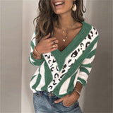Christmas Gift 2021 Womens Color Block Striped V Neck Sweater for Women Long Sleeve Knit Pullover Jumper Tops Casual Knitted Sweater Leopard