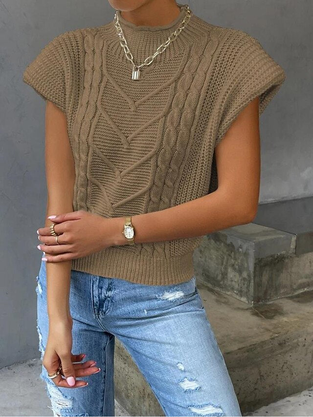Abebey Women's Sweater Vest Jumper Chunky Knit Braided Solid Color Turtleneck Stylish Casual Outdoor Daily Fall Spring White Khaki