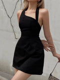 Kukombo Gothic Solid Black Halter Dresses For Women Summer Party Mini Dress 90s Aesthetics Slim Clubwear Female A-Line Outfits