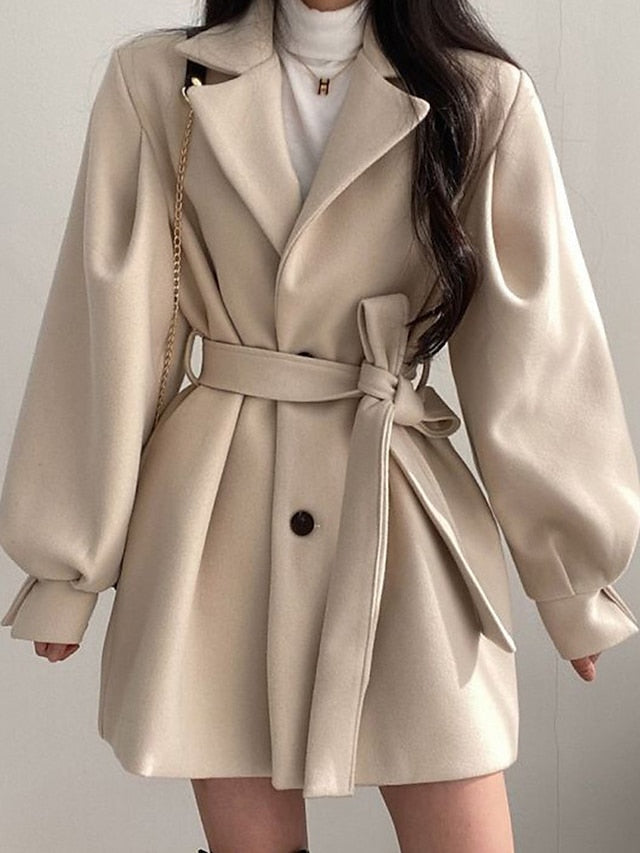 Women's Coat Winter Notch Lapel Long Sleeve Overcoat with Belt Fall Wram Windproof Long Coat Pea Coat Contemporary Casual Trendy Jacket Plain with Pockets Black Apricot