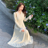 Kukombo Sweater Dress Women Long Sleeve V-neck Office Knitted Dress Female Vintage Lace One-piece Dress Korea 2023 Autumn Winter