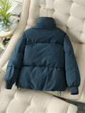 Women's Puffer Jacket Winter Long Sleeve Zip Puffer Jacket Pockets Baggy Short Down Coats Warm Windproof Stand Collar Fashion Casual Street Style Plain Regular Fit Outerwear Fall