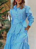 Women's Shirt Dress Casual Dress Swing Dress Maxi long Dress Outdoor Daily Date Polyester Basic Classic Shirt Collar Ruched Button Long Sleeve Spring Fall Winter 2023 Regular Fit Blue Plaid S M L XL