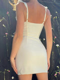 Kukombo Low Cut V Neck Ruffles Bodycon Dress Solid Party Club Summer Backless Slim Dresses Holiday Clothes Aesthetic Ladies