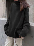 Kukombo Casual Loose Long Sleeves Solid Color High-Neck Sweater Tops