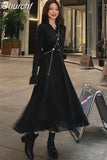 Kukombo Sweater Dress Women Long Sleeve V-neck Office Knitted Dress Female Vintage Lace One-piece Dress Korea 2023 Autumn Winter