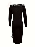Kukombo - Vzyzv Contrast Lace Off-shoulder Dress, Chic Long Sleeve Split Hem Slim Dress, Women's Clothing