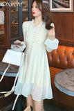 Kukombo Sweater Dress Women Long Sleeve V-neck Office Knitted Dress Female Vintage Lace One-piece Dress Korea 2023 Autumn Winter