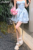 Kukombo Women's Hotsweet Backless Strapless Blue Ball Gown Suspender Dresses 2023 Summer High Waist Chiffon Party Club Dress