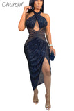 Kukombo Glitter Sequin Evening Party Birthday Dress for Women Sexy Backless Split Bodycon Long Dresses