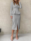Women's Blouse Office Suit Skirt Sets Basic Blue Beige Office Business Plain Ruffle Split Shirt Collar S M L XL