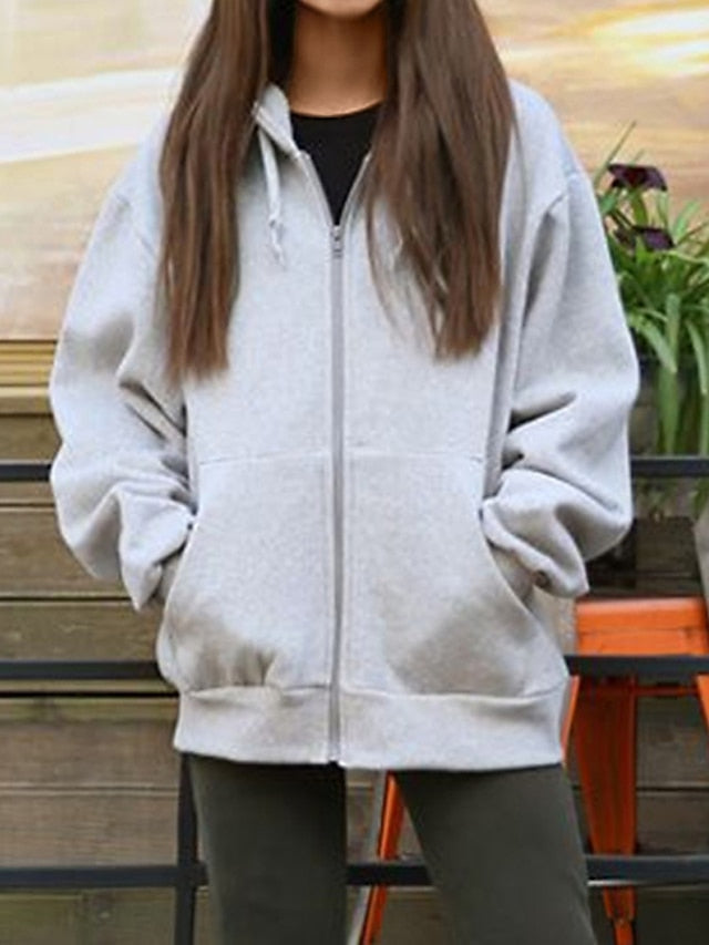 Women's Hoodied Jacket Outdoor Zipper Plain Breathable Fashion Regular Fit Outerwear Long Sleeve Fall Black M