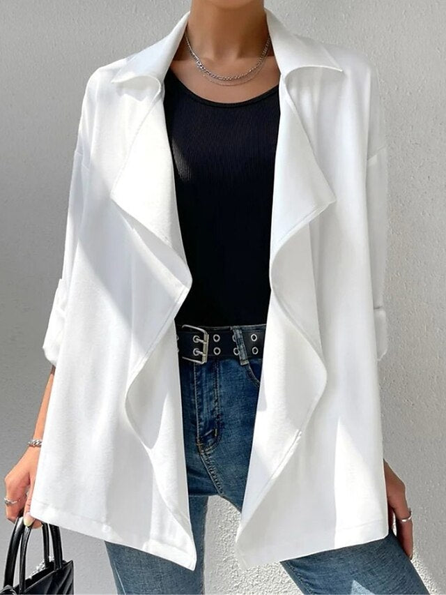 Women's Trench Coat Fall Formal Ruffle Plain Comfortable Streetwear Regular Fit Outerwear Long Sleeve Summer White S