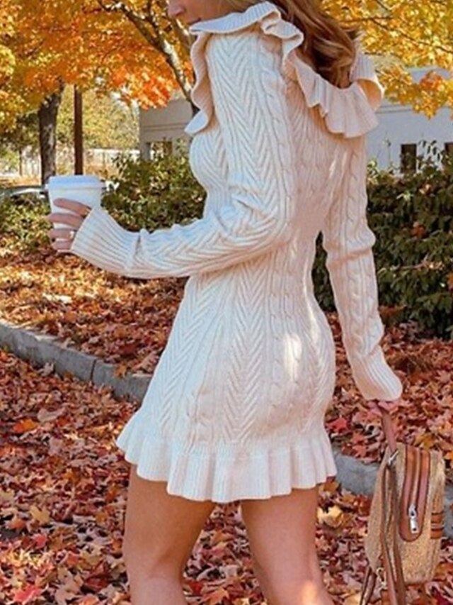Women's Casual Dress Sweater Dress Winter Dress Mini Dress Ruffle Outdoor Street Daily Fashion Streetwear Crew Neck Long Sleeve 2023 Slim White Color S M L Size