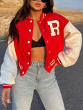 Women's Bomber Jacket Fall Baseball Jacket Workout Gym Button Color Block Breathable Streetwear Regular Fit Outerwear Long Sleeve Black S