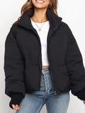 Women's Puffer Jacket Winter Long Sleeve Zip Puffer Jacket Pockets Baggy Short Down Coats Warm Windproof Stand Collar Fashion Casual Street Style Plain Regular Fit Outerwear Fall