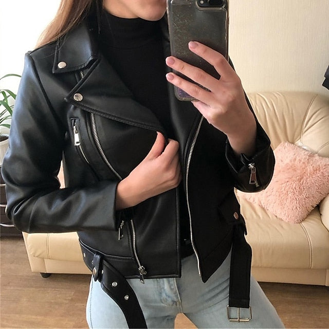 Women's Leather Jacket Outdoor Full Zip Solid Color Waterproof Streetwear Regular Fit Outerwear Long Sleeve Fall Black S