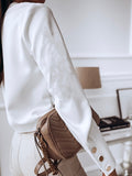 Women's Shirt Blouse Black White Button Long Sleeve Work Business Standing Collar S