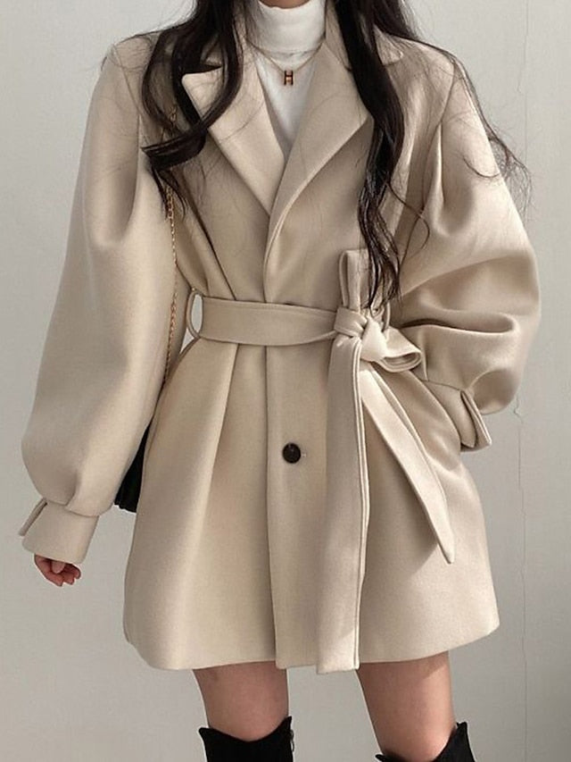 Women's Coat Winter Notch Lapel Long Sleeve Overcoat with Belt Fall Wram Windproof Long Coat Pea Coat Contemporary Casual Trendy Jacket Plain with Pockets Black Apricot