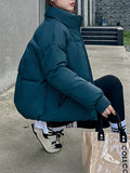 Women's Puffer Jacket Winter Long Sleeve Zip Puffer Jacket Pockets Baggy Short Down Coats Warm Windproof Stand Collar Fashion Casual Street Style Plain Regular Fit Outerwear Fall