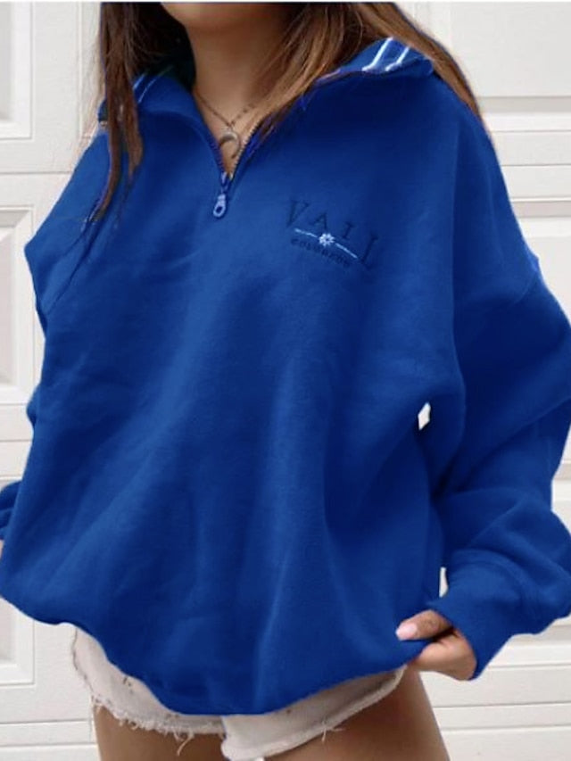 Women's Pullover Sweatshirt Quarter Zipper Hoodie Text Oversized Monograms Quarter Zip V Neck Casual Daily Hot Stamping Cotton Casual Streetwear Hoodies Sweatshirts  Loose Blue Gray Khaki