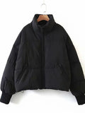 Women's Puffer Jacket Winter Long Sleeve Zip Puffer Jacket Pockets Baggy Short Down Coats Warm Windproof Stand Collar Fashion Casual Street Style Plain Regular Fit Outerwear Fall