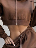 Women's Crop Top Hoodie Tracksuit Brown Gray Solid Color Patchwork Drawstring Hooded S M L XL XXL